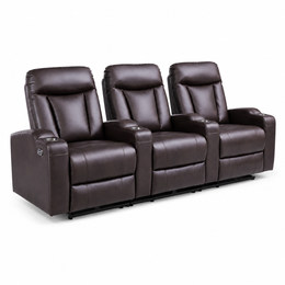 Row of three brown leather recliner seats on a white background