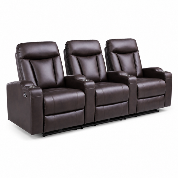 Row of three brown leather recliner seats on a white background