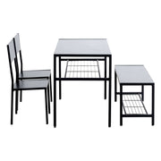 4-piece dining table set with bench featuring storage racks, perfect for compact living spaces.
