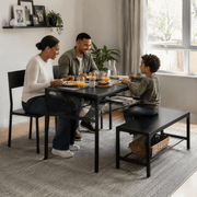 Family enjoying a meal at a dining table set with bench in a cozy living space, showcasing the dining table set with bench.