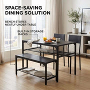 4-piece dining table set with bench in a compact kitchen featuring storage racks under the table and bench.