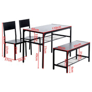 4-piece dining table set with bench dimensions and design, featuring two chairs, a bench, and metal storage racks.