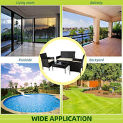 Patio Furniture Set 4 Piece PE Rattan displayed in living room, balcony, poolside, and backyard settings.