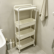 4-Tier Rolling Storage Cart in a bathroom, showcasing its compact design and functionality with wheels for easy mobility.