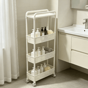 4-Tier Rolling Storage Cart in a bathroom, featuring clean white design, holding bottles and towels.