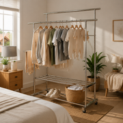 Double Rail Clothes Rack with Shoe Shelf – Stainless Steel