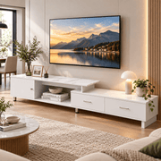Low-profile marble-top media console with drawers and cabinet