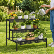 Person watering potted plants arranged on a black stepped metal plant stand