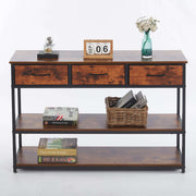 Rustic 3 drawer console table OT-202 with three fabric drawers and open shelves for stylish storage.