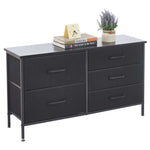 5-drawer storage cabinet TV stand in sleek black design with breathable fabric drawers and wooden top.