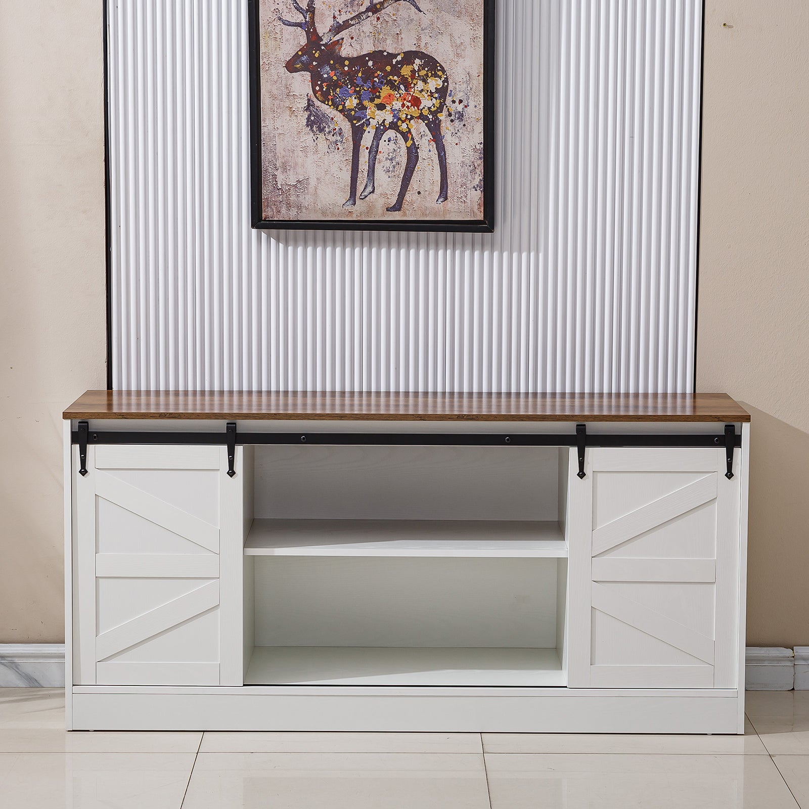Farmhouse Sliding TV Stand with a rustic design and sliding doors, perfect for a modern media console or sideboard.