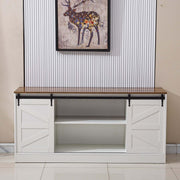 Farmhouse Sliding TV Stand with a rustic design and sliding doors, perfect for a modern media console or sideboard.