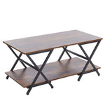Industrial rustic coffee table with 2-tier storage and X-shaped metal frame