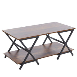 Industrial rustic coffee table with 2-tier storage and X-shaped metal frame