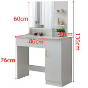 Artisansa DR-14 white dressing table with mirror with dimensions marked (60cm, 80cm, 136cm) on a white background - technical size guide
