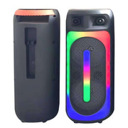 A colorful wireless Bluetooth speaker with a microphone