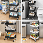 Foldable 3-tier rolling storage cart with durable iron frame and lockable wheels