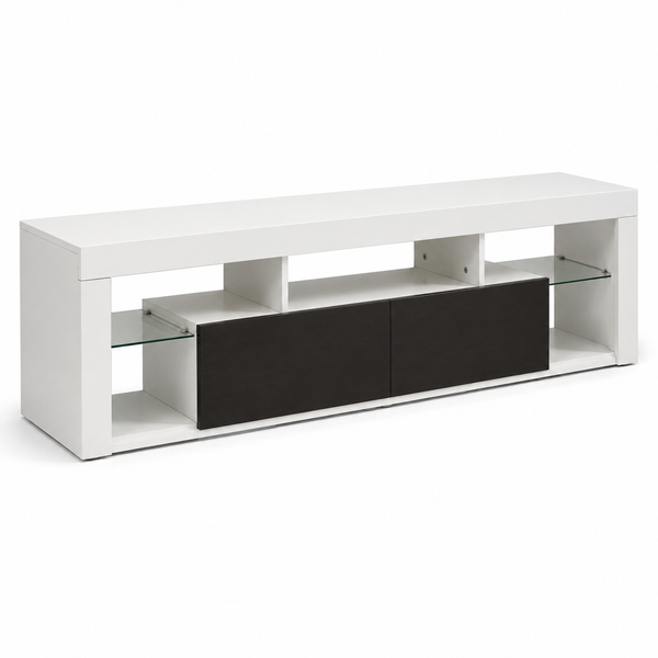 Modern Floating LED TV Stand in sleek white and black design with glass shelves, ideal for minimalist living spaces.