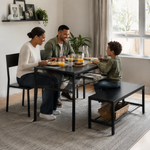 Family enjoying a meal at a dining table set with bench in a cozy living space, showcasing the dining table set with bench.
