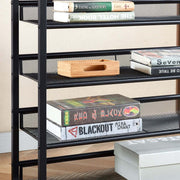 5-Tier Industrial Shoe Rack showcasing books and decorative items on mesh shelves.