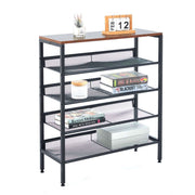5-Tier Industrial Shoe Rack with rustic wood top, showing adjustable shelves and storage for shoes and decor.