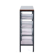 5-Tier Industrial Shoe Rack with rustic wood top and mesh shelves for shoe storage.