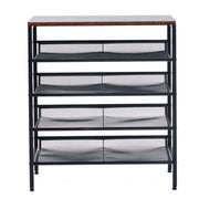 5-Tier Industrial Shoe Rack with rustic wood top and adjustable mesh shelves, perfect for organizing shoes.