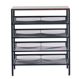 5-Tier Industrial Shoe Rack with rustic wood top and adjustable mesh shelves, perfect for organizing shoes.
