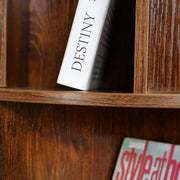 Close-up view of spacious storage compartments on 5-tier rotating bookshelf