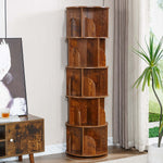 Unloaded 5-tier rotating bookshelf showing multiple storage sections and wood grain