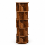 Tall 5-tier rotating bookshelf with elegant wood finish on white background