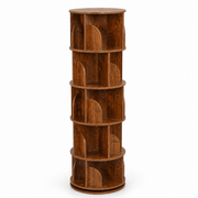 Tall 5-tier rotating bookshelf with elegant wood finish on white background