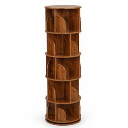 Tall 5-tier rotating bookshelf with elegant wood finish on white background