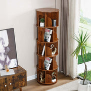 Tall 5-tier rotating bookshelf used as stylish room divider and storage unit