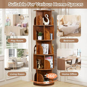 Multiple uses of 5-tier rotating bookshelf for home office and bedroom storage