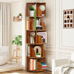 Space-saving 5-tier rotating bookshelf organizing plants and books in living room