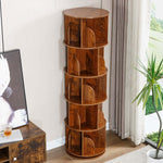 Compact footprint of 5-tier rotating bookshelf fitting perfectly in room corner