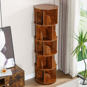 Compact footprint of 5-tier rotating bookshelf fitting perfectly in room corner