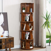 Elegant 5-tier rotating bookshelf complementing modern dark wood furniture