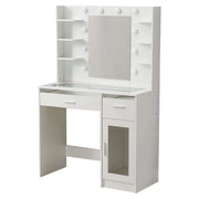 LED Vanity Desk with charging station, RGB glass top, and illuminated mirror for beauty routines.