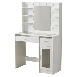 LED Vanity Desk with charging station, RGB glass top, and illuminated mirror for beauty routines.