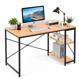 120cm Burningwood computer desk with reversible two-tier shelves and black metal frame on white background
