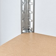 Close-up of adjustable corner connection and engineered wood shelf