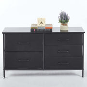 5-drawer storage cabinet TV stand with black finish, wooden top, and decorative items.