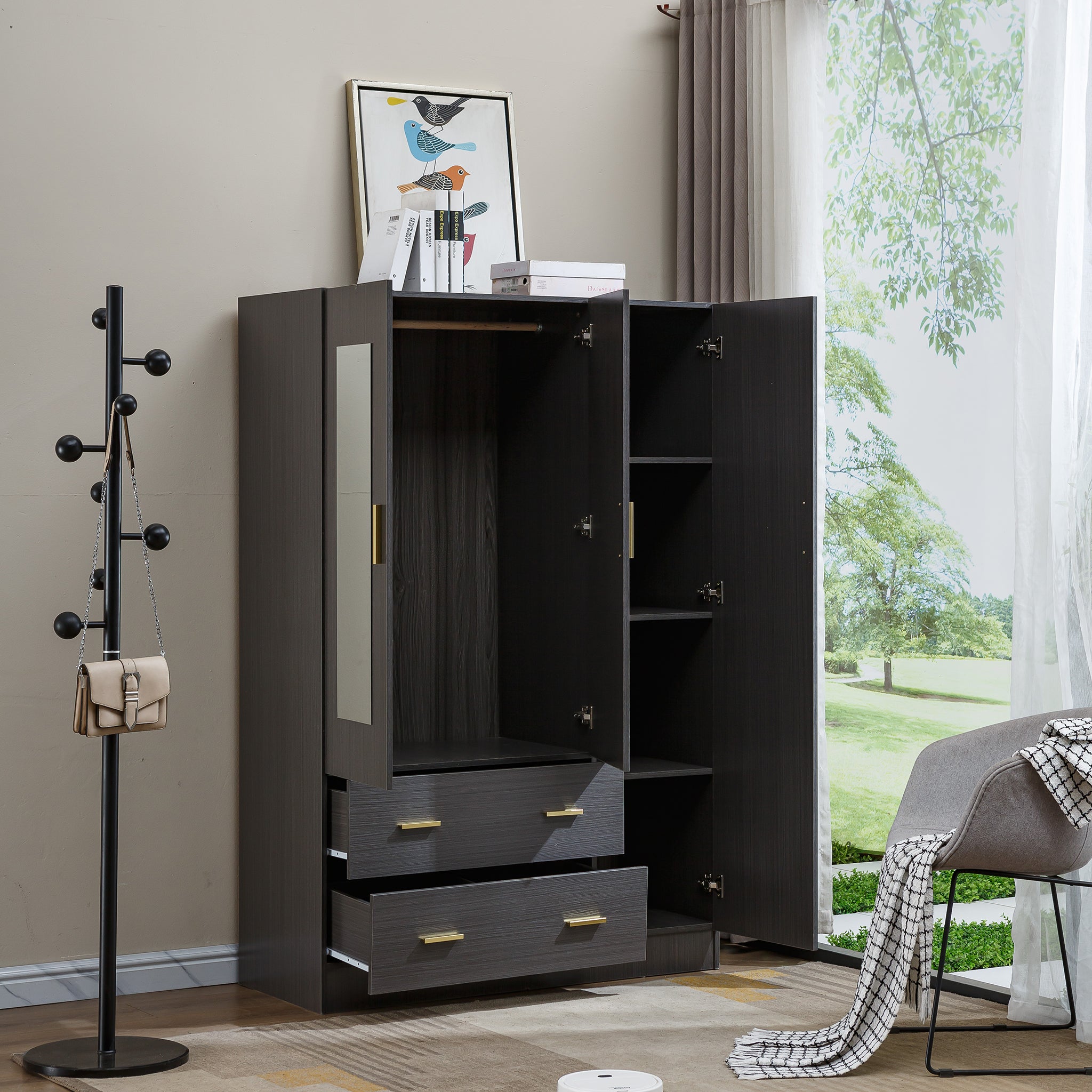 3 Door Wardrobe with Mirror Closet Clothes Storage  WD-115 Straight Oak