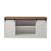 Farmhouse Sliding TV Stand with a rustic wood top and white sliding doors, perfect for media storage.