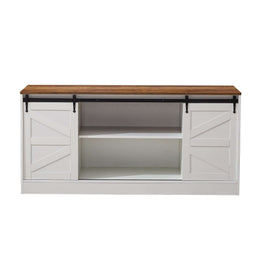 Farmhouse Sliding TV Stand with a rustic wood top and white sliding doors, perfect for media storage.