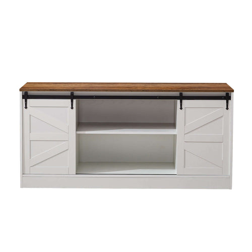 Farmhouse Sliding TV Stand with a rustic wood top and white sliding doors, perfect for media storage.