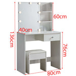 White Dressing Table with LED Mirror showcasing dimensions and design features.