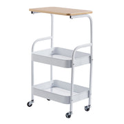 3-Tier Rolling Storage Cart with Wood Top ideal for kitchen or office use, featuring two spacious baskets and wheels for mobility.